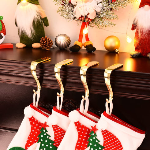 Yuokwer Christmas Stocking Holders for Mantel Set of 4- Stocking Hooks Hanger for Fireplace Christmas Hooks Safety Hang Grip Stockings Clip for Christmas Party Decoration (Gold, Pack of 4)