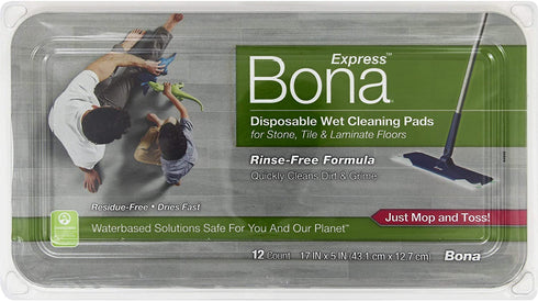 Bona Hard-Surface Floor Disposable Wet Cleaning Pads, for Stone Tile Laminate and Vinyl LVT/LVP, 12ct