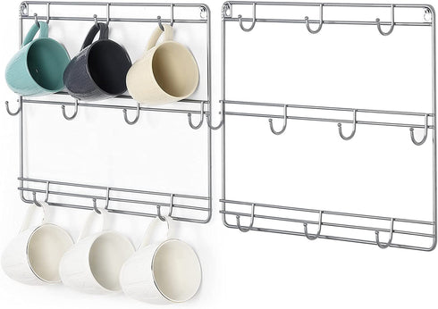 MOOACE 2 Pack Mug Rack Cup Holder, 3 Tier Metal Wall Mounted Coffee Mug Storage Rack with 10 Hooks, Cup Display Organizer for Coffee Mugs, Tea Cups, Mason Jars and More (Silver)