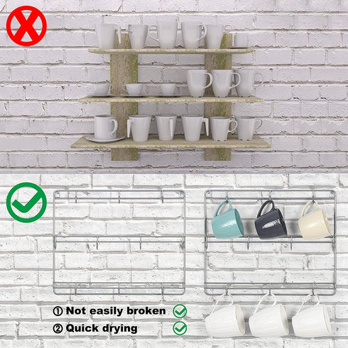 MOOACE 2 Pack Mug Rack Cup Holder, 3 Tier Metal Wall Mounted Coffee Mug Storage Rack with 10 Hooks, Cup Display Organizer for Coffee Mugs, Tea Cups, Mason Jars and More (Silver)