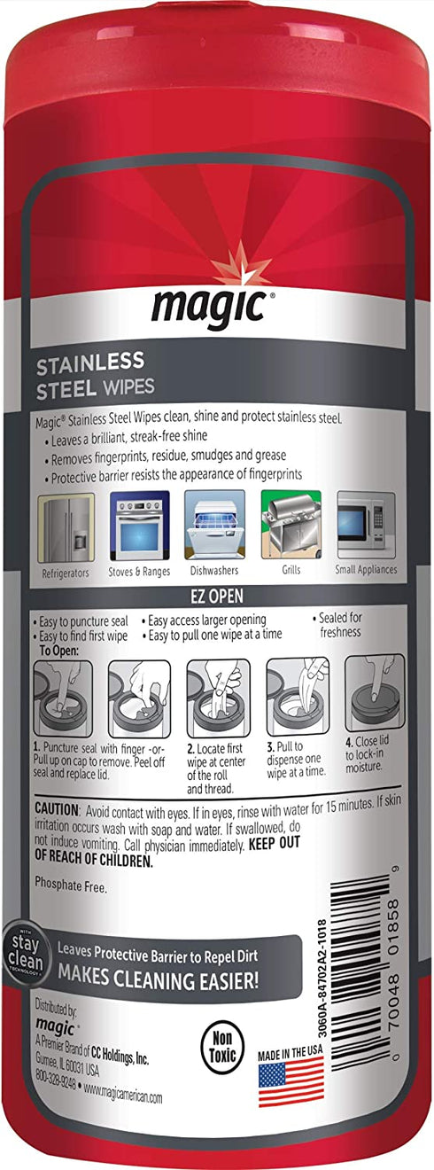 Magic Stainless Steel Wipes (2 Pack) Removes Fingerprints, Residue, Water Marks and Grease from Appliances - Works Great on Refrigerators, Dishwashers, Ovens - 30 Count