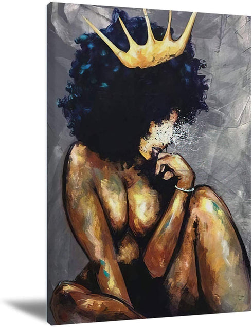 Black Women Canvas Wall Art African American Black Queen Women Wall Art Abstract Black Art Fashion Contemporary Artwork- Queen Think For Living Room Bedroom No Frame 16x24 Inch