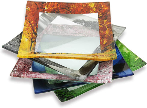GAC Unique Landscape Design Square Tempered Glass Dessert Plates 6 Inch Set of 5 Break and Chip Resistant Attractive Multi-Colored Salad Plate Set