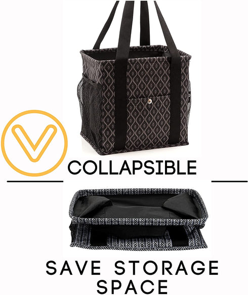 Pursetti Small Utility Tote Bag for Women with 4 Exterior Pockets - Perfect as Lunch Tote, Reusable Grocery Bags, Shopping Bags, Work Bag, Teacher Bag, and Nurse Bag (Black Trellis)