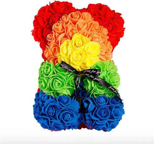 Rose Flower Bear,10 inch Artificial Rose Love Romantic for Christmas, Graduation, Valentine's Day, Mother's Day, Anniversary, Birthday, Wedding Gift (Rainbow)