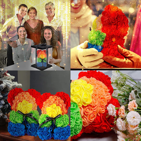 Rose Flower Bear,10 inch Artificial Rose Love Romantic for Christmas, Graduation, Valentine's Day, Mother's Day, Anniversary, Birthday, Wedding Gift (Rainbow)