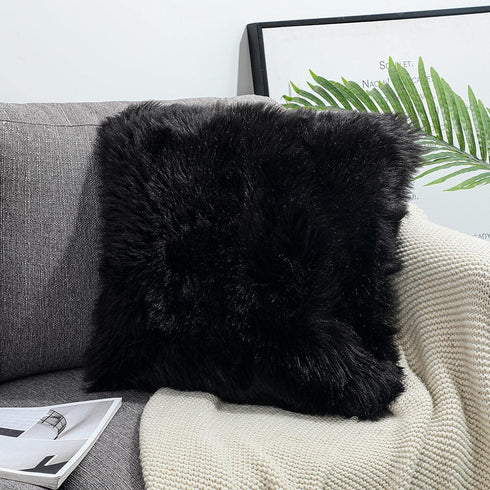 No Insert Faux Fur Sheepskin Throw Pillow Cover 18x18 Set of 2 Merino Style Super Soft Fluffy Cushion Fuzzy Pillow Case New Luxury Series for Livingroom Couch Sofa Bed Home Decor LINMOPM (Black)