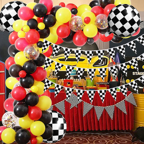 Racing Car Balloon Garland Kit, 126 Pcs Yellow Black Confetti Balloon Arch with 100ft Checkered Flags Banner Checkered Foil Balloons for Let's Go Racing Racing Car Party Decoration