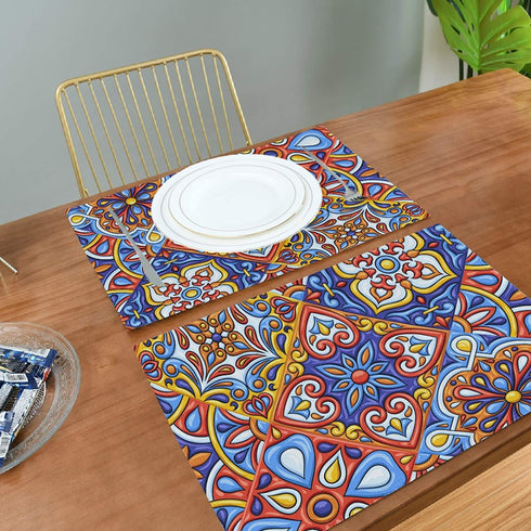 Qilmy 4 Pack Place Mats Non-Slip Dining Table Mat Heat-Resistant Reversible Placemat Double Sided Washable Placemats for Kitchen/Party/Restaurant 12" x 18", Mexican Talavera Folk Tile