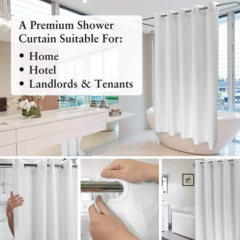 Fabric Shower Curtain No Hooks Needed - TPU Lining & No Liner Required, Hotel Shower Curtain for Bathroom with Built-in Hooks & Bottom Magnets, Waterproof, White, 71x74