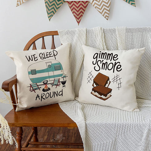 AVOIN colorlife Camper Trailer Campfire Throw Pillow Covers, 18 x 18 Inch Gimme S'More Tree Pillows Cushion Case for Sofa Couch Set of 4