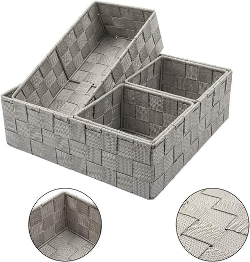 ELONG HOME Woven Baskets for Storage, Small Hand-Woven Storage Basket with Durable Metal Frame, Woven Strap Baskets for Organizing, Set of 4, Grey
