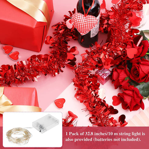 Fovths 32.8 Feet Valentines Tinsel Garland Metallic Tinsel Twist Garland with Red String Lights Valentines Tree Hanging Garland Decoration for Valentine Indoor Outdoor Decorations (Red)
