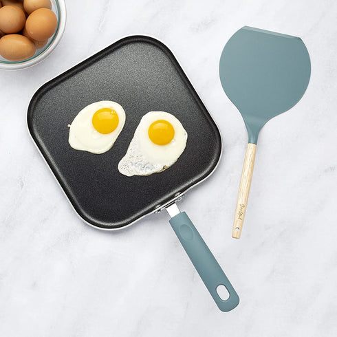 Goodful Aluminum Non-Stick Square Griddle Pan/Flat Grill, Made Without PFOA, with Nylon Pancake Turner, Dishwasher Safe Cookware, 11" x 11", Turquoise