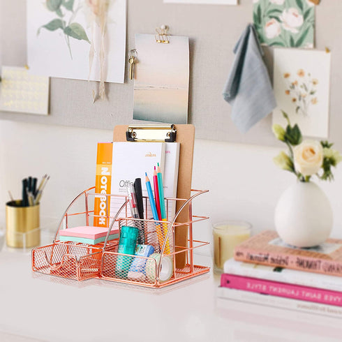 Rose Gold Desk Supplies Organizer, Multi-functional Mesh Desk Organizer with 6 Compartments & Desk Drawer Organizer for Office Supplies and Desk Accessories