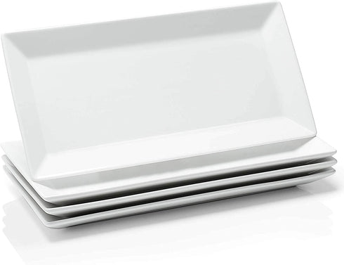 Sweese 705.101 12 Inch Porcelain Rectangular Plates, White Serving Trays for Parties - Stackable, Set of 4