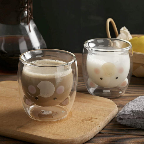 PMCDS2G Double Wall Cute Glass Coffee Mug Bear Cup 2 Units in 1 Set Ideal Christmas Gift Birthday Gift for Friends Family Colleagues