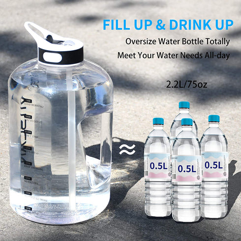 2.2L Half Gallon Water Bottle with Straw and Handle, 75 OZ Water Bottles BPA Free Leakproof Lids Motivational Time Marker Ounce Line Fitness Sports Water Bottle for Home Office Gym Reusable Water Jug