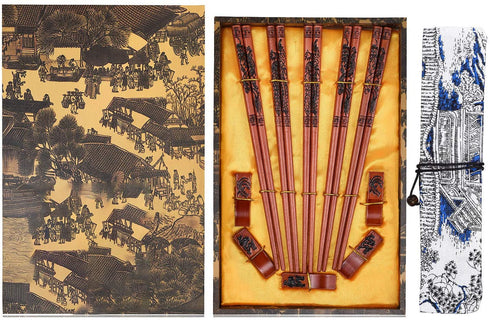 GANGUOLA Chopsticks Reusable Chinese Chopsticks Dragon and Phoenix Carve on Chopsticks with Holder? Carrying Bag Chopsticks Set with Unique Package(5 pairs)