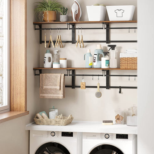 VASAGLE Laundry Room Shelf Wall Mounted, Coat Rack Shelf, with 8 Removable Hooks, for Entryway, Living Room, Kitchen, Bedroom, 15.7 x 9.4 x 9.4 Inches, Rustic Brown and Black ULCR103B01