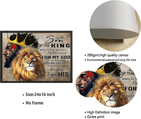 Africa America Wall Art Black King and Lion Wall Art I Am The Son Of The King Poster Black King Canvas Poster African King Man and Lion Poster for Bedroom Office Wall Decorations 24x16inch No Frame