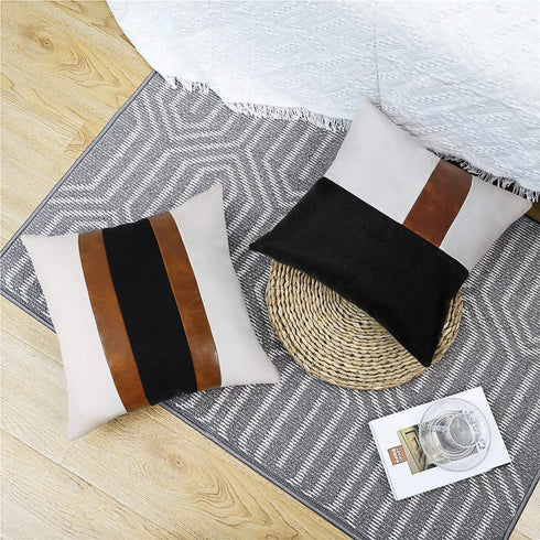 Pyonic Set of 2 Farmhouse Pillow Covers 18x18 Inch Faux Leather and Linen Throw Pillow Covers Decorative Black and White Accent Cushion Covers for Couch Sofa