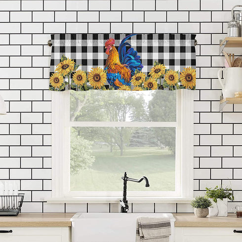 Plelat Window Valance,Farm Rooster Snuflower Black and White Buffalo Plaid Window Curtain,Thermal Insulated Rod Pocket Cutain Valance for Living Room Bedroom Laundry Room,54x18 Inch