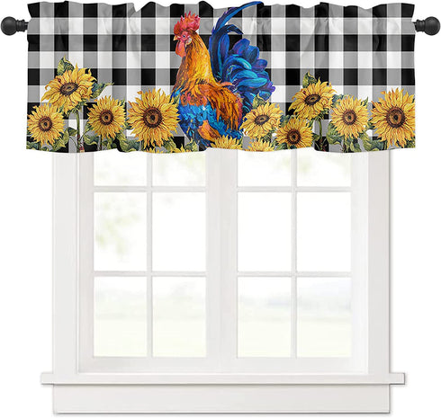 Plelat Window Valance,Farm Rooster Snuflower Black and White Buffalo Plaid Window Curtain,Thermal Insulated Rod Pocket Cutain Valance for Living Room Bedroom Laundry Room,54x18 Inch