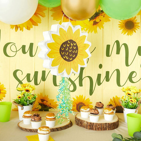 Small Sunflower Pull String Pinata for Birthday Party, Baby Shower Decorations (13 In)