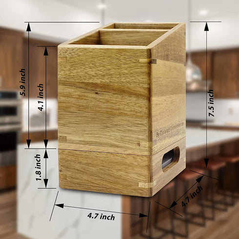 Drip Protection Wooden Utensil Holder 100% Acacia wood kitchen cutlery organizer storage for countertop with water absorbent diatomaceous earth mat to keep your utensils dry and clean