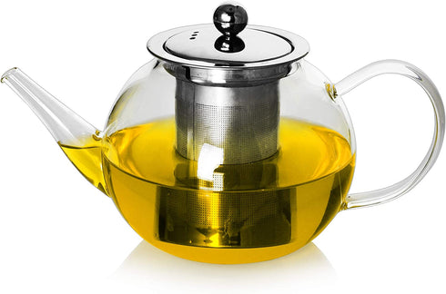 LUXU Glass Teapot with Stainless Steel Infuser & Lid,Stovetop Safe 1100ml/37 oz Clear Glass Tea Kettle with Comfortable Handle,Premium Blooming and Loose Leaf Tea Maker Set