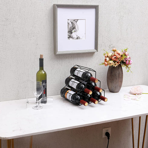PENGKE Wine Rack Freestanding Wine Rack,6 Bottles Countertop Free-Stand Wine Storage Holder Protector for Red White Wine,Black