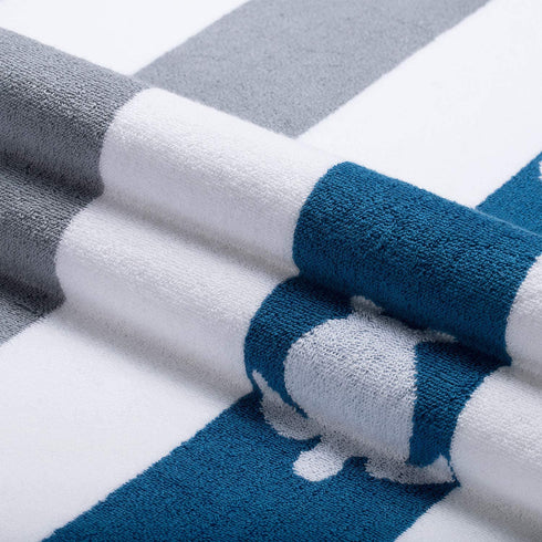 cabanana Plush Oversized Beach Towel - Cotton Fluffy 35 x 70 Inch Quarry Blue Jacquard Turtle Striped Pool Towel, Large Summer Swim Cabana Towel