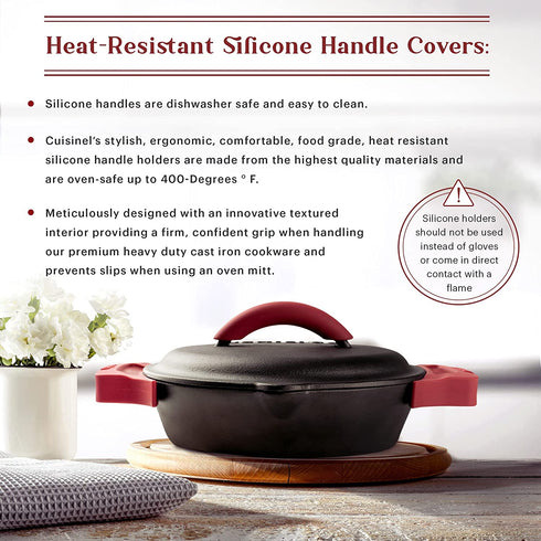Cast Iron Skillet with Cast Iron Lid - 8"-Inch Dual Handle Frying Pan + Pan Scraper + Silicone Handle Holder Covers - Pre-Seasoned Oven Safe Cookware - Indoor/Outdoor, Grill, Stovetop, Induction Safe