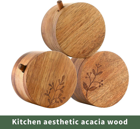 DGYLL Acacia Wood Salt Container with spoon Salt cellar Salt keeper Spice storage box Condiment pot Sugar bowl with spoon and swiveling lid Size: 3.5DIA x 2.5H inch (1pc no pattern /w spoon)