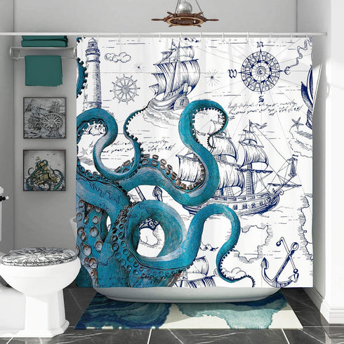 DESIHOM Cool Octopus Shower Curtain Anime Nautical Shower Curtain Teal Kraken Shower Curtain Sailboat Pirate Shower Curtain Polyester Fabric-72" x 72"