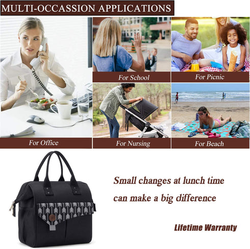 Lunch Bag with Leak Proof Material, Insulated Lunch Box for women/men, Lunch Tote Bag for Work/Picnic/Hiking/Beach/Fishing (black+fishbone pattern)