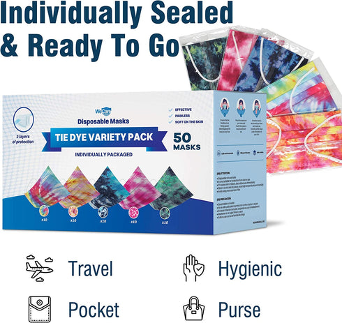 WeCare Disposable Face Mask Individually Wrapped - 50 Pack, Printed Masks - 3 Ply