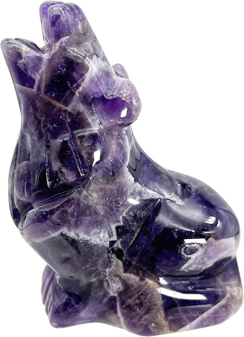 Fekuar 2" Natural Amethyst Howling Wolf Statue, Hand Carved Stone Wildlife Animal Figurine Healing Sculpture Collectible Art Fengshui