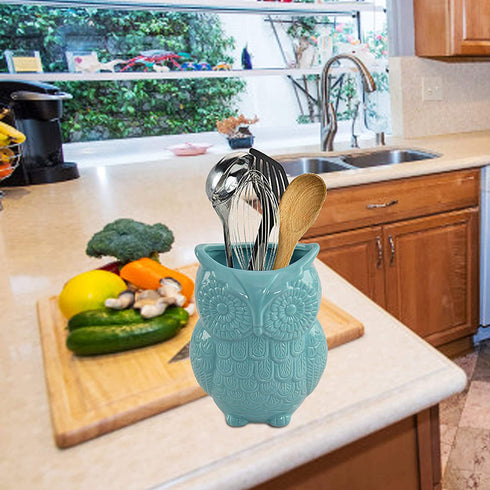 HOME-X Large Owl Design Ceramic Cooking Utensil Holder, Kitchen Decor for Cooking Accessories, Ceramic Utensil Holder-Multipurpose- Aqua Blue-7? H x 4? D