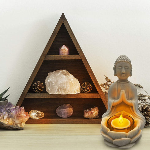 OakiWay Meditation Decor - Buddha Statue & Lotus Flower Candle Holder W/ Flickering Led Candle - Spiritual Decor, Zen/Yoga Accessories, Feng Shui/Spa/Japanese/Boho Decor, Relaxing Gifts for Women