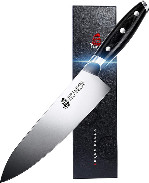 TUO Chef Knife - 8 inch Kitchen Chefs Knives Professional Cooking Knife - German HC Steel - Full Tang Pakkawood Handle - BLACK HAWK SERIES with Gift Box