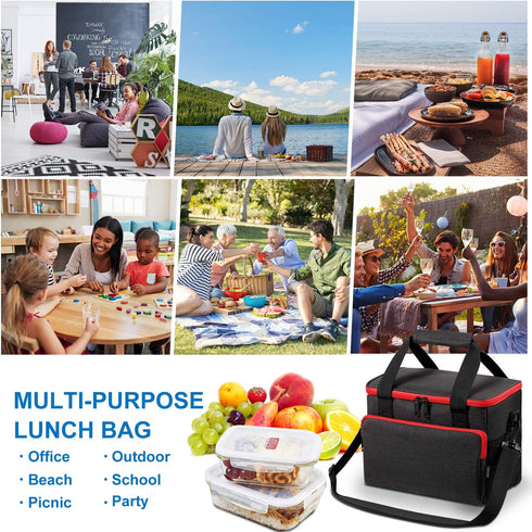 Adult Lunch Box for Men & Women Insulated Lunch Bag with Adjustable Shoulder Strap, Leak Proof Reusable Lunch Cooler Tote Bag for Office work, Picnic and Outdoor (Black)