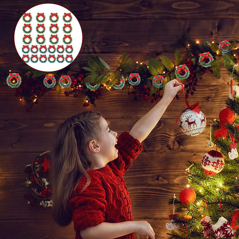 24 Pieces Mini Christmas Wreaths with Bows Christmas Wreath Decorations Including 1 Inch Blue-Green Xmas Wreaths and 1.2 Inch Grass-Green Xmas Wreaths for Christmas Tree Holiday Decorations