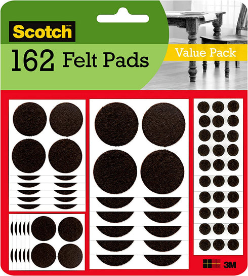 Scotch Felt Pads, Felt Furniture Pads for Protecting Hardwood Floors, Assorted Sizes Value Pack, Round, Brown, 162 Pads