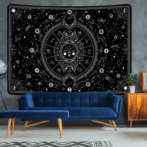 Sun and Moon Tapestry Black and White Tapestries Stars Starry Wall Tapestry Constellation Tapestry Black Tapestry Wall Hanging for Room Wall Decor (59.1 — 82.7 inches)