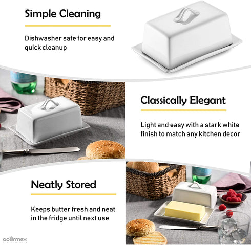 GOURMEX Large Butter Holder with Lid | Fits One Pound of Butter | Ideal Butter Keeper for Salted, Unsalted and Flavored Butter in Fridge | Ceramic White Covered Butter Dish is Dishwasher Safe