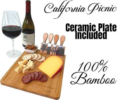 Cheese Board and Knife Set | Wine Board | Organic Bamboo Wood Charcuterie Platter Serving Board Cheese Tray with Cutlery | Perfect for Birthday, Housewarming & Wedding Gifts