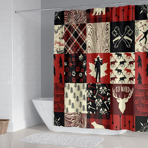 juwute 4 Pcs Retro Woodland Shower Curtain Set with Rugs, Buffalo Plaid Forest Wildlife Animal Toilet Lid Cover Bath Mat,Farmhouse Shower Curtain for Boys Girls Home Bathroom Decor 72x72Inch,Red/Black