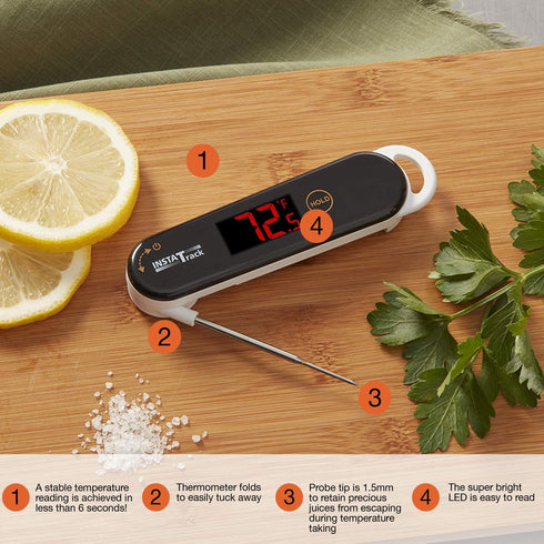 InstaTrack Folding Digital Instant Read Meat Food Grill BBQ Kitchen Cooking Thermometer with Folding Probe, White